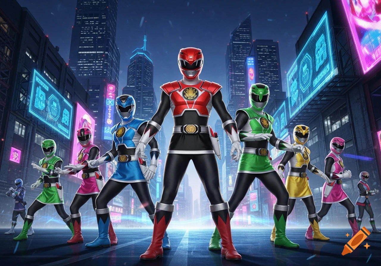 A group of Power Rangers in red, blue, green, yellow, pink, and purple suits standing heroically in a neon-lit futuristic city at night.