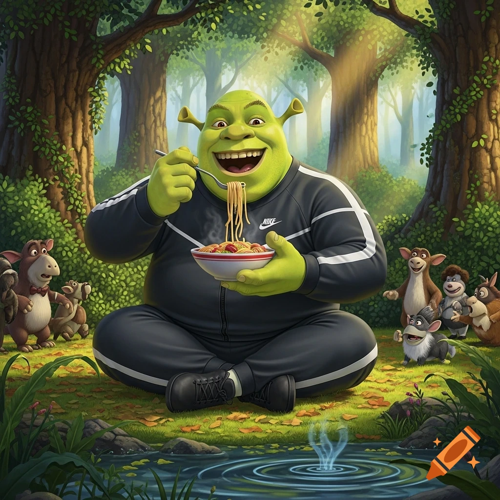 Animated Shrek in a black Nike tracksuit happily eats pasta in a lush forest, surrounded by small animals.