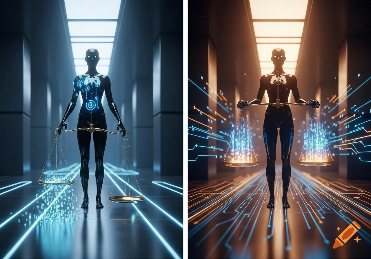 Two stylized AI figures, one in blue and one in orange, stand in futuristic hallways, each holding scales with digital data glowing on them.