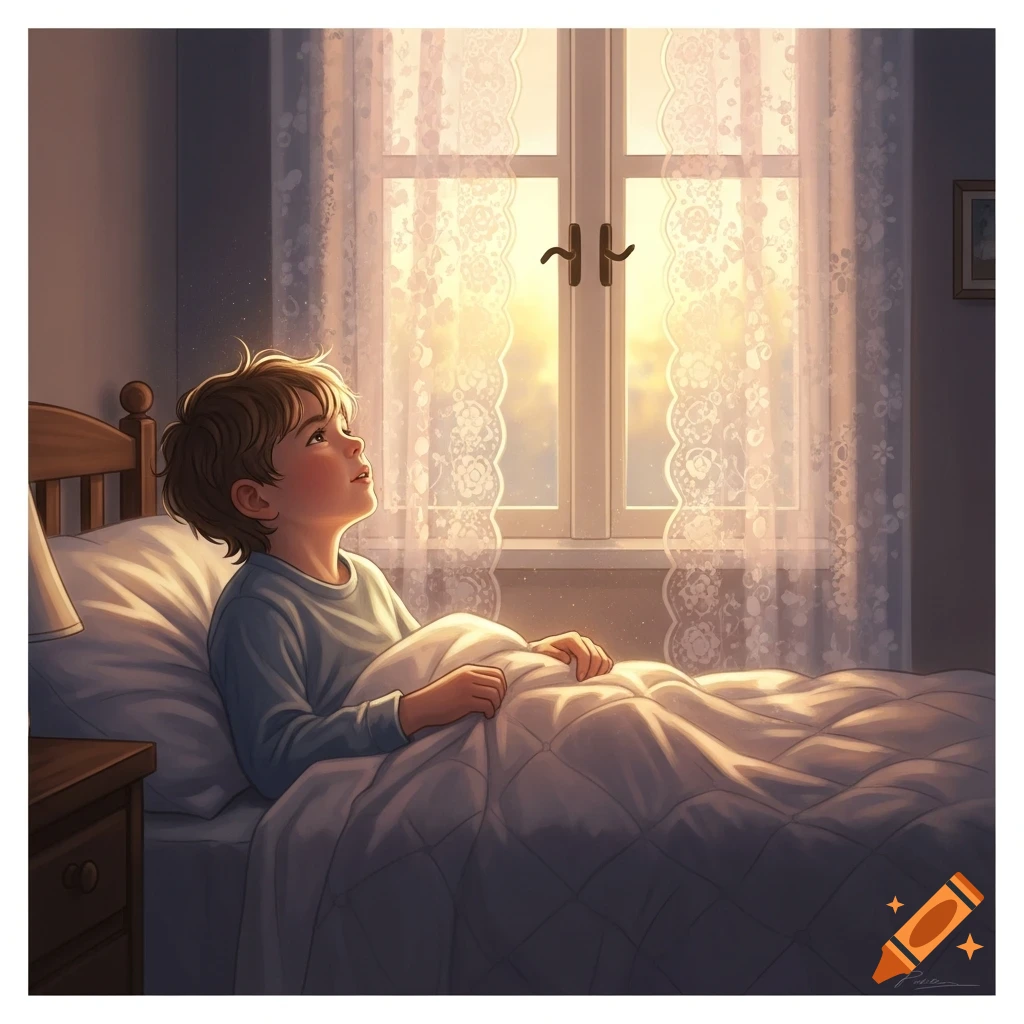 An illustration of a young boy waking up in bed, looking towards the bright morning sun shining through a lace-curtained window.