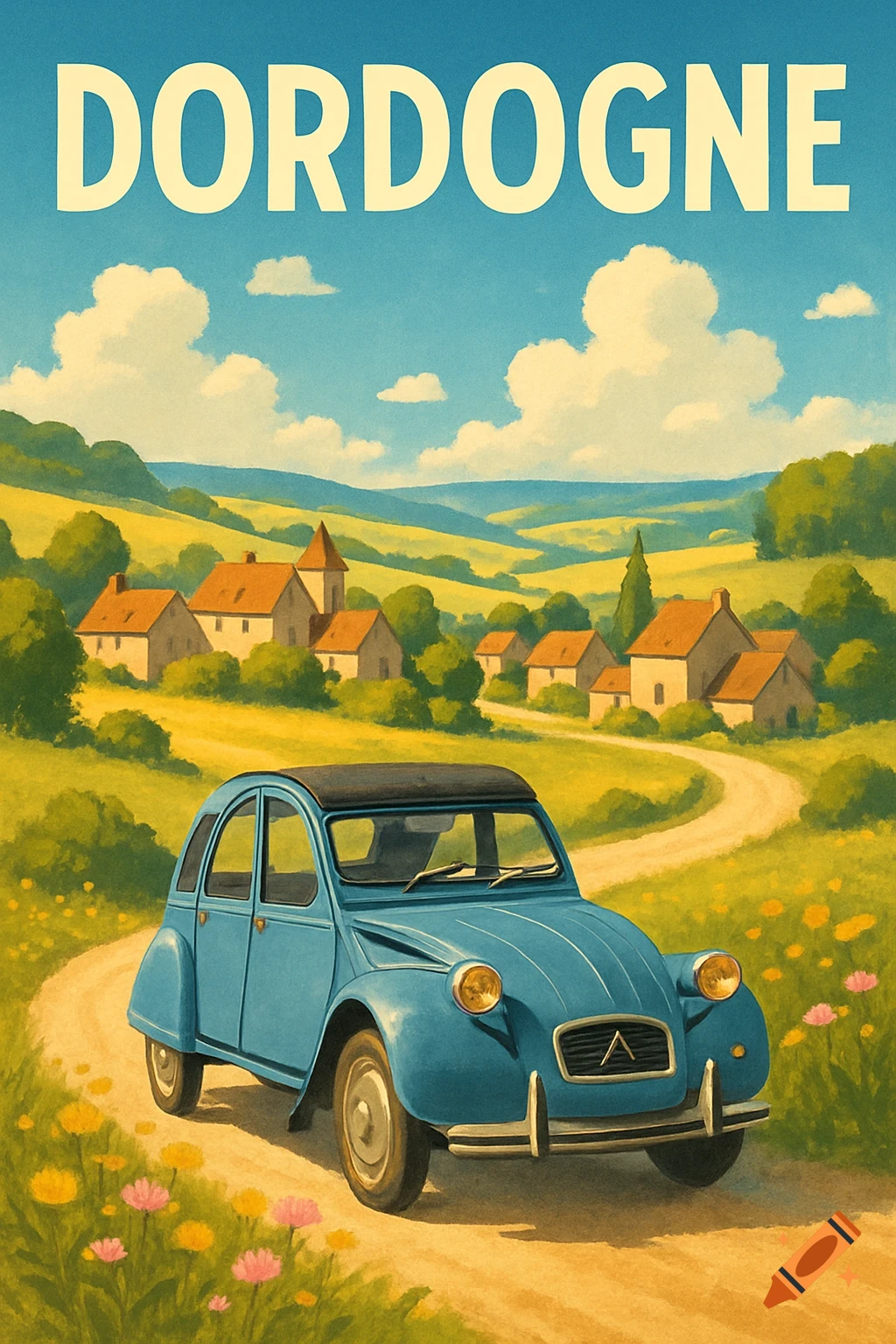 Vintage poster art of a blue Citroën 2CV car on a dirt road in the French countryside with a village, under the text 'DORDOGNE'.