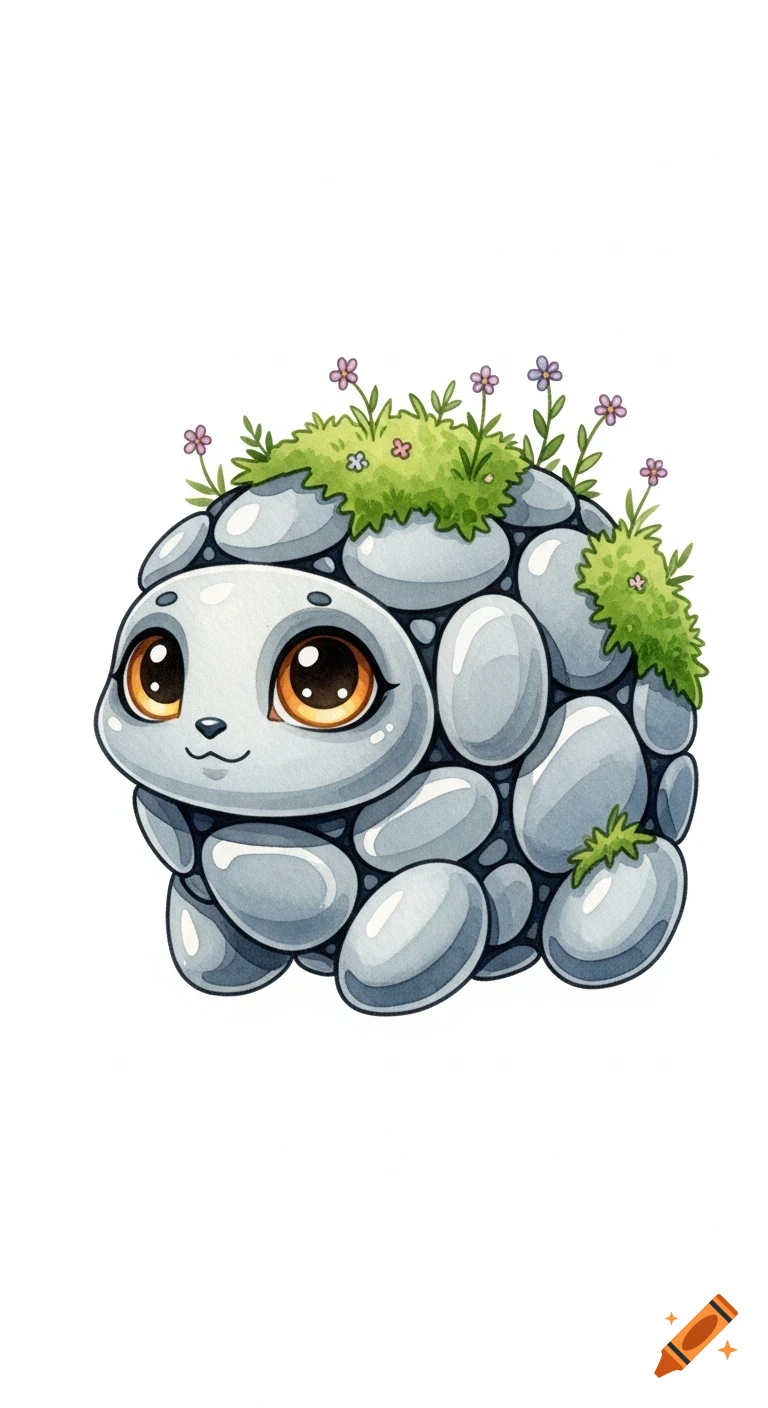 An adorable creature made of smooth grey river stones with big amber eyes, green moss, and tiny flowers on its back, in a whimsical watercolor style.