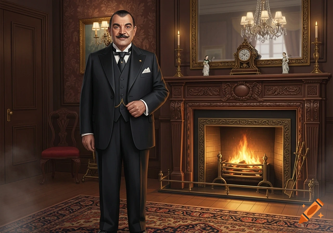 A man resembling Hercule Poirot stands in a formal suit next to a roaring fireplace in a grand, richly decorated room.