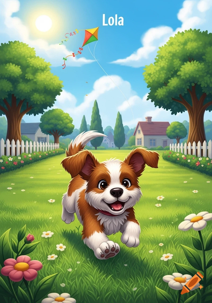 A cute cartoon puppy with brown and white fur runs through a sunny green yard under a blue sky with a kite, in a neighborhood setting.