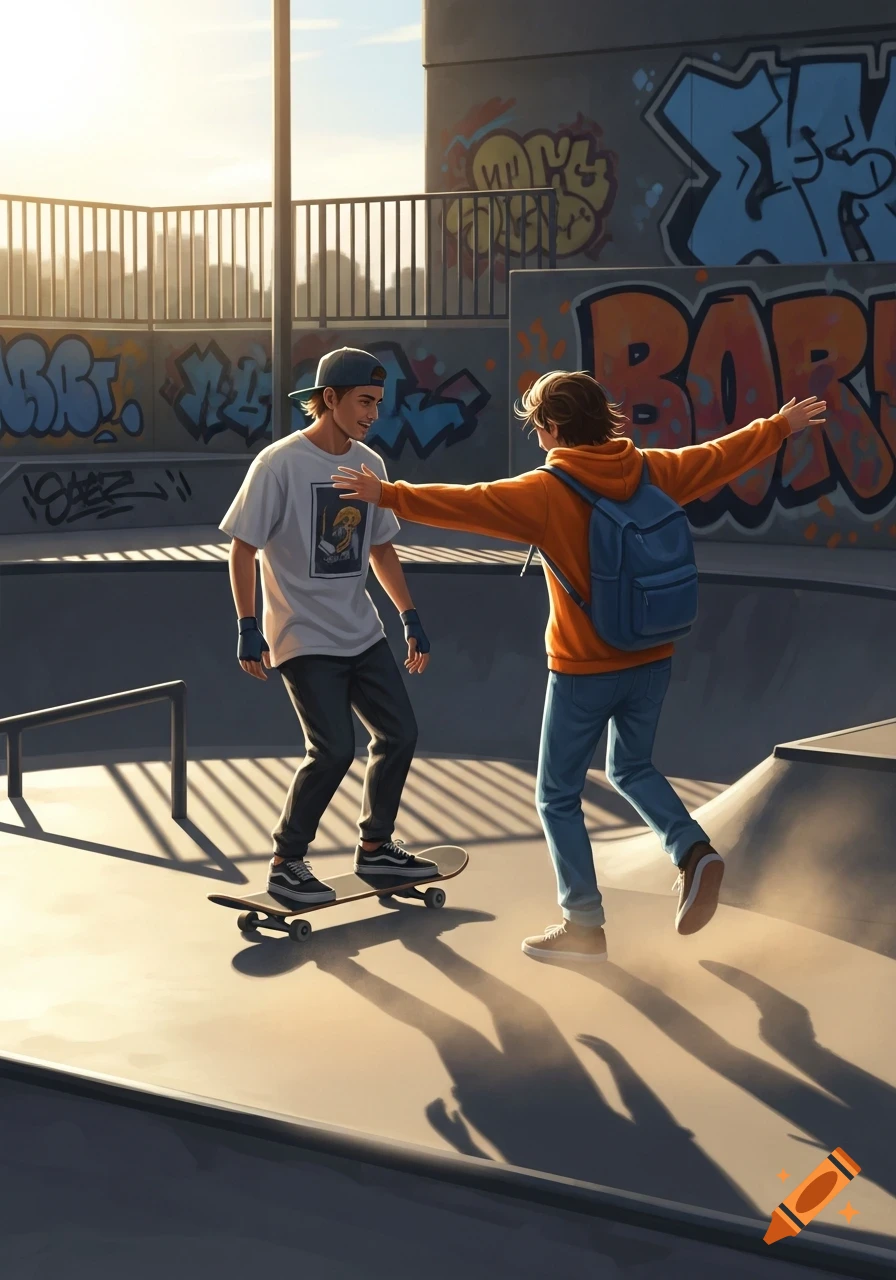 Two young men interact at a sunny skatepark with graffiti-covered walls, one on a skateboard and the other reaching out, in a digital art style.