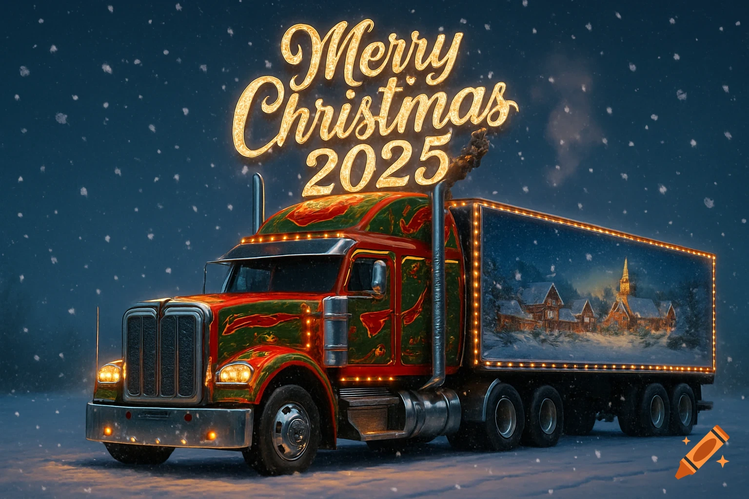 A festive semi-truck decorated for Christmas, with 'Merry Christmas 2025' text above, on a snowy night.