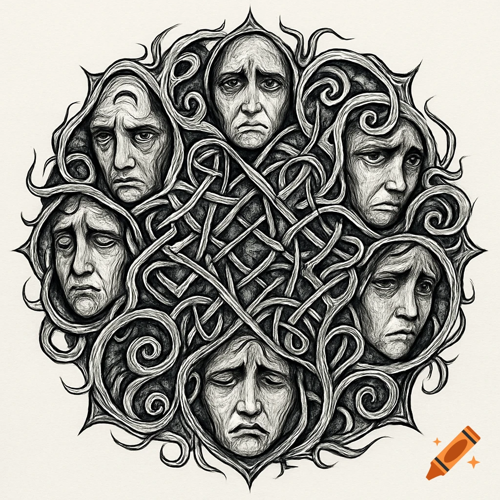 Black and white line art mandala featuring seven sorrowful faces entangled in intricate knotwork patterns.