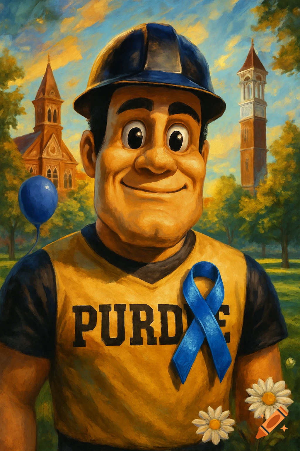 Purdue Pete mascot in a gold shirt with "PURDUE" and a blue ribbon, smiling in a painterly park scene with university buildings.
