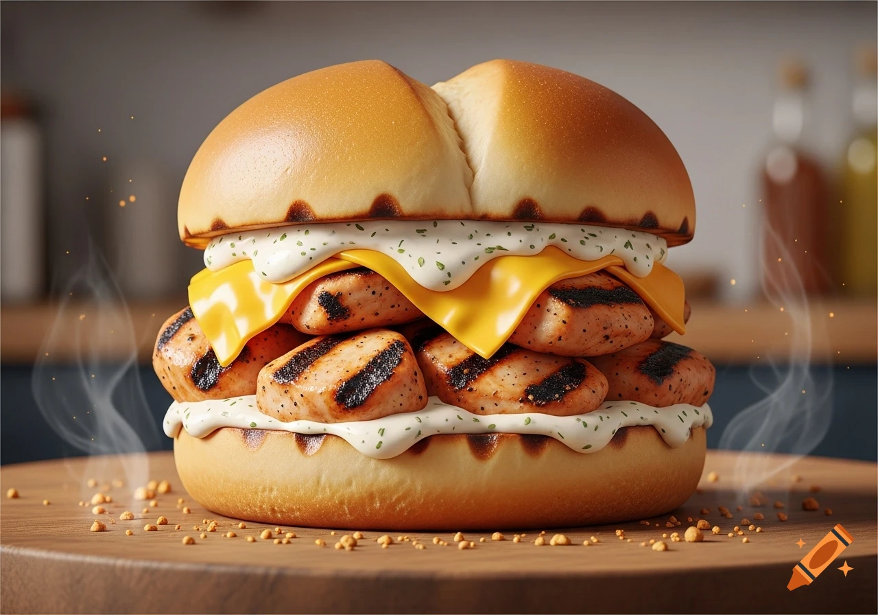 Photorealistic grilled chicken sandwich with melted cheese, ranch, and grilled bun, steaming on a wooden board.