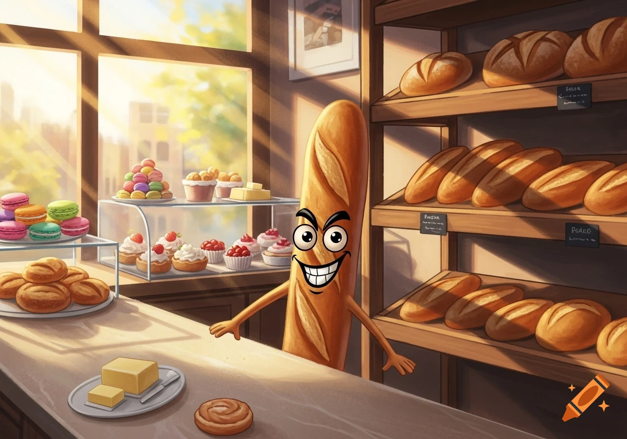 A cartoon baguette with a mischievous grin stands behind a counter in a sunny bakery, surrounded by fresh bread, colorful macarons, and cupcakes.
