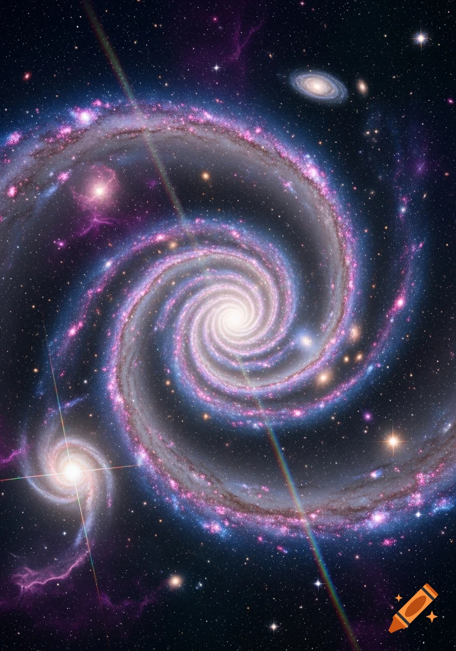 A vibrant spiral galaxy with a bright core and shimmering arms, surrounded by smaller galaxies and stars in deep space.