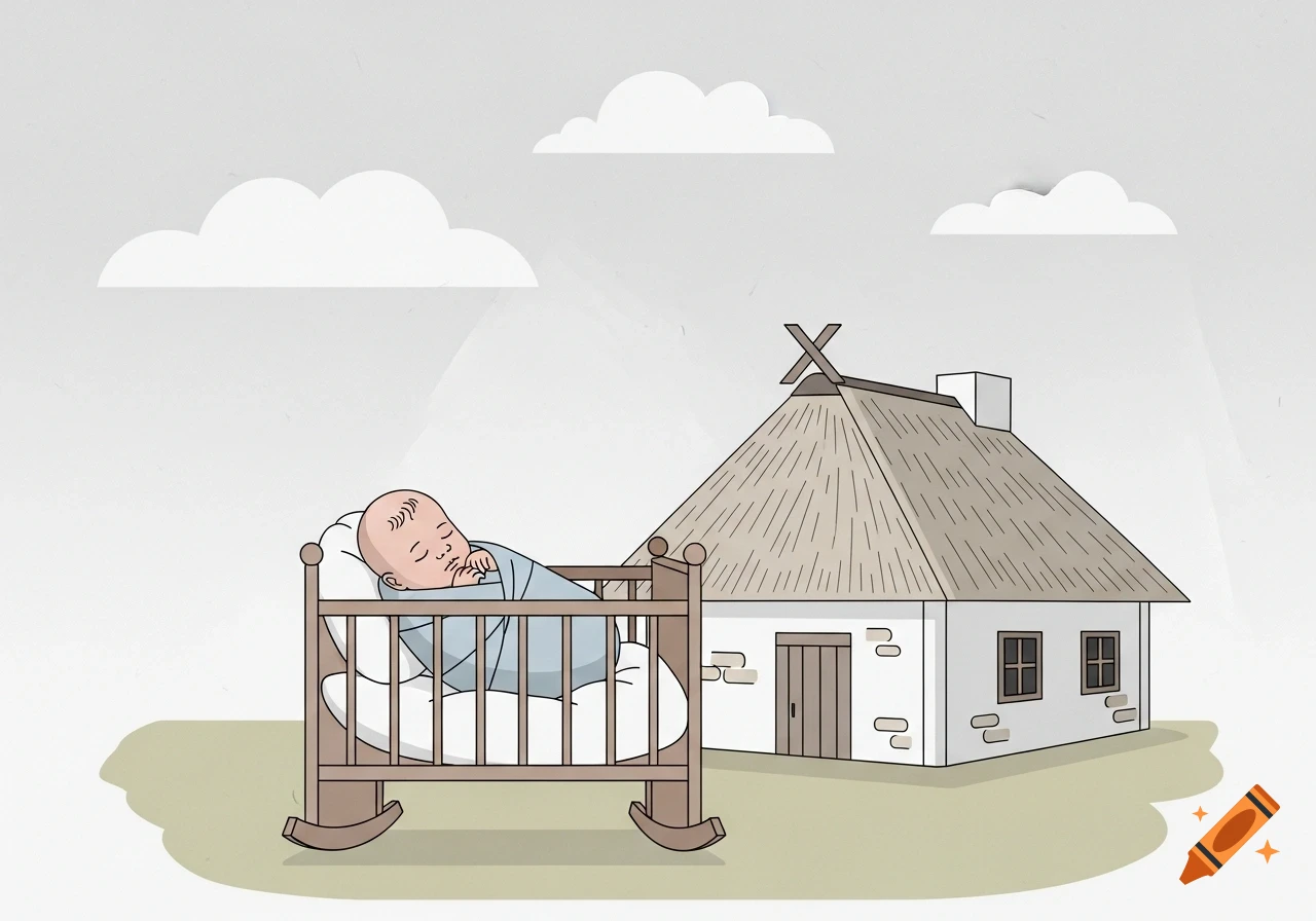 A flat minimal vector illustration of a newborn baby sleeping in a wooden crib outdoors next to a simple white cottage.