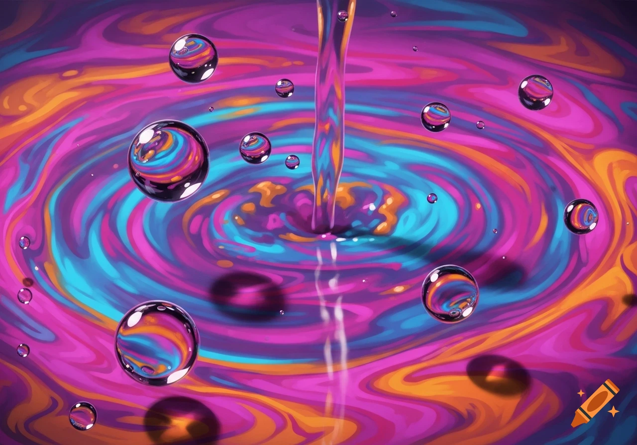 A vibrant psychedelic liquid texture with swirls of purple, pink, orange, and blue. A stream of liquid pours into the center, with reflective bubbles floating above.