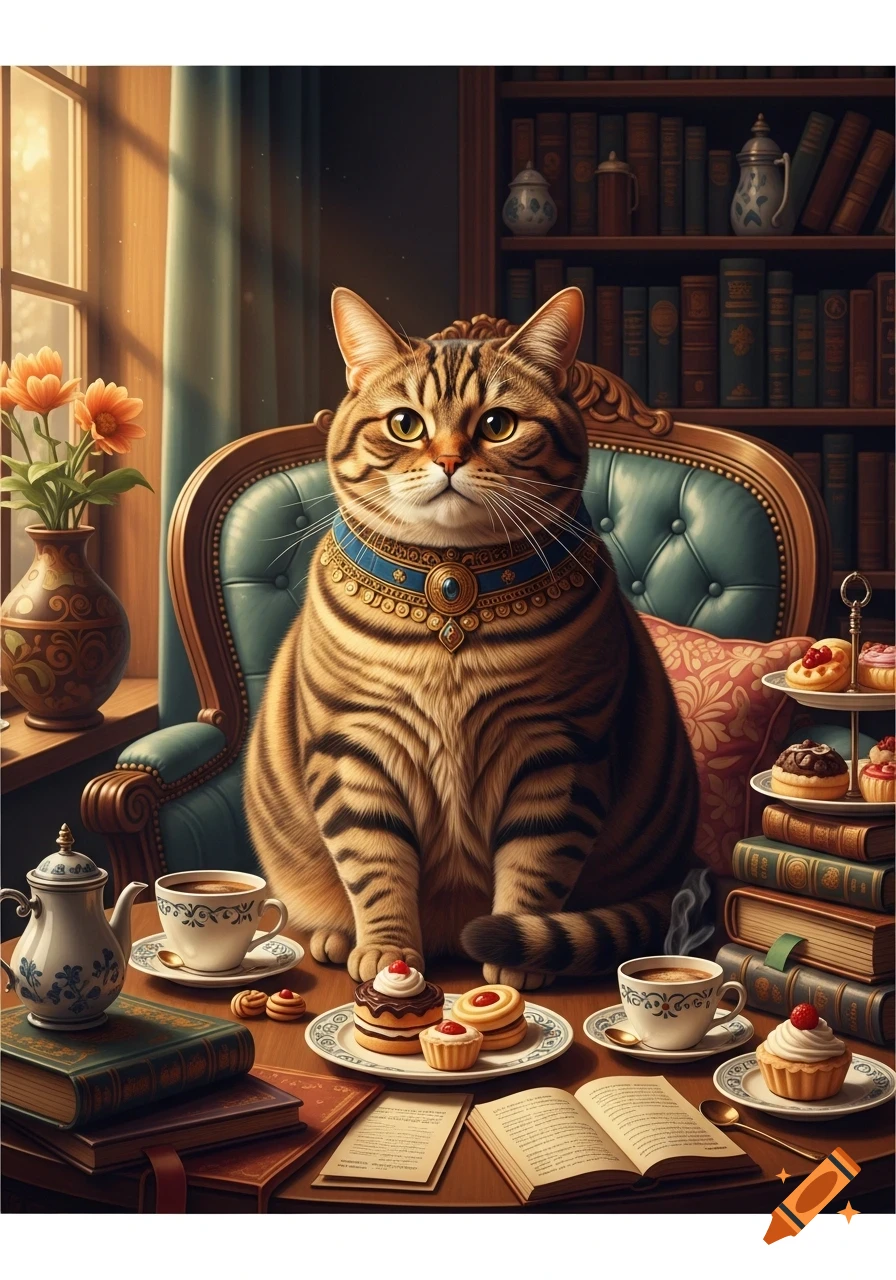 A regal tabby cat with a blue and gold collar sits at a table laden with books, coffee, and pastries in a warmly lit, renaissance-style study.