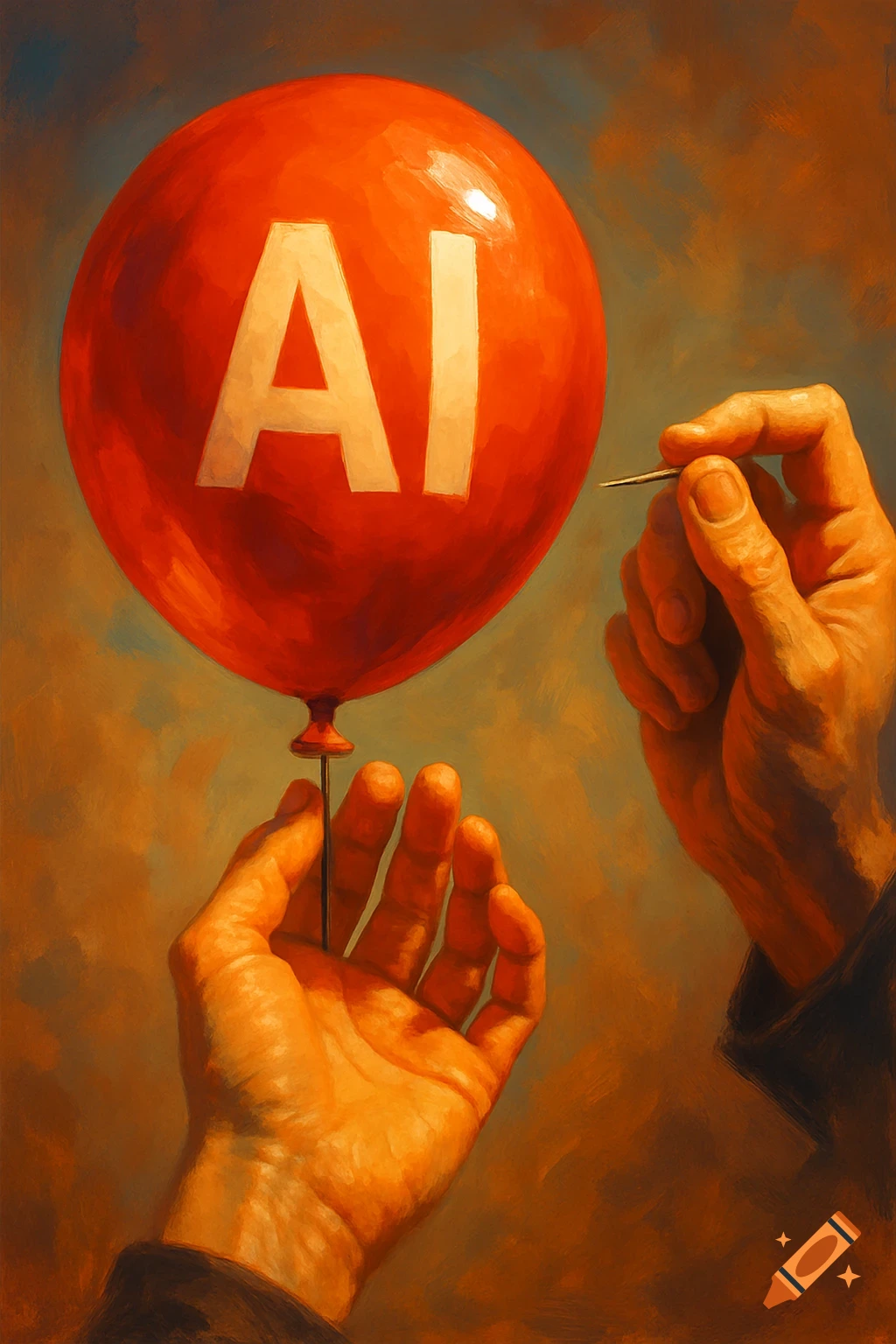 A painted image of two hands, one holding a red balloon with "AI" written on it, the other holding a pin ready to pop it.