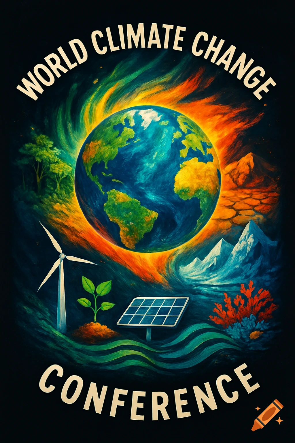 A colorful poster for the World Climate Change Conference, featuring Earth, green energy, nature, and melting ice.