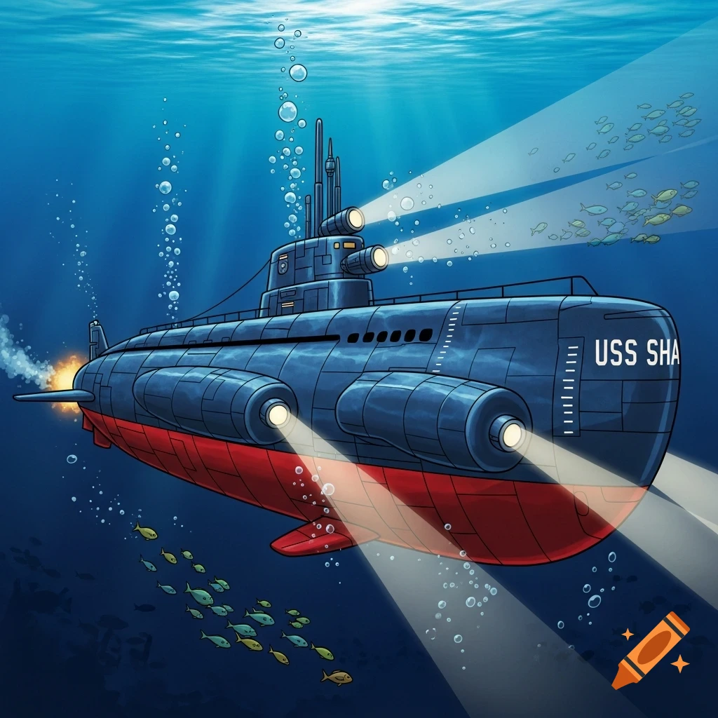 A cartoon blue and red submarine with 'USS SHA' on its side, shining spotlights through the deep blue ocean, surrounded by fish and bubbles.