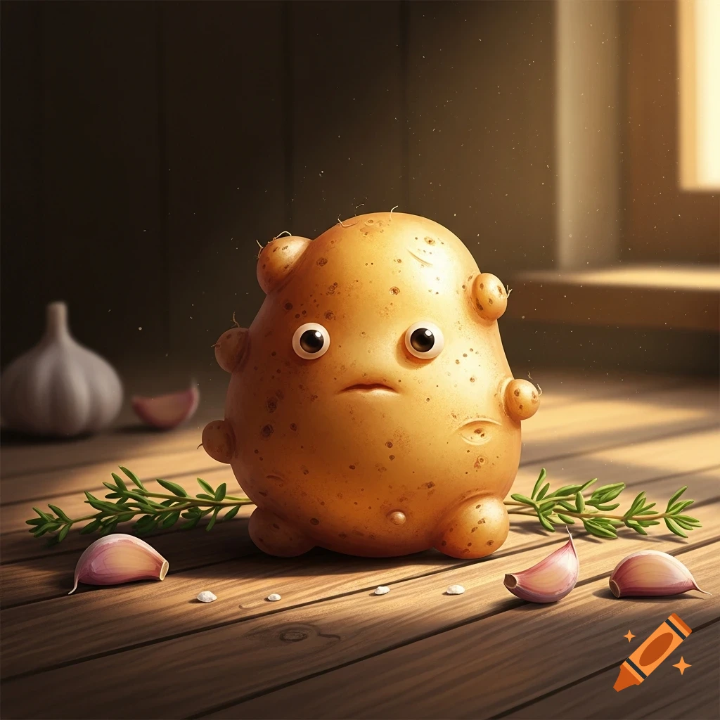 A cute, anthropomorphic potato with big eyes sits on a wooden table with garlic cloves and rosemary in a stylized digital art.