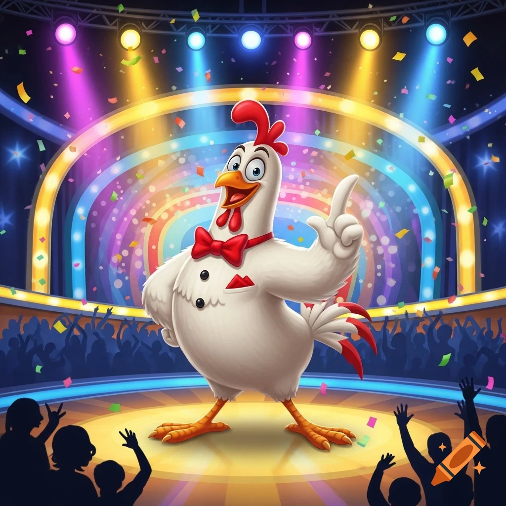 A happy cartoon chicken in a red bow tie and tuxedo stands on a brightly lit game show stage with confetti falling.
