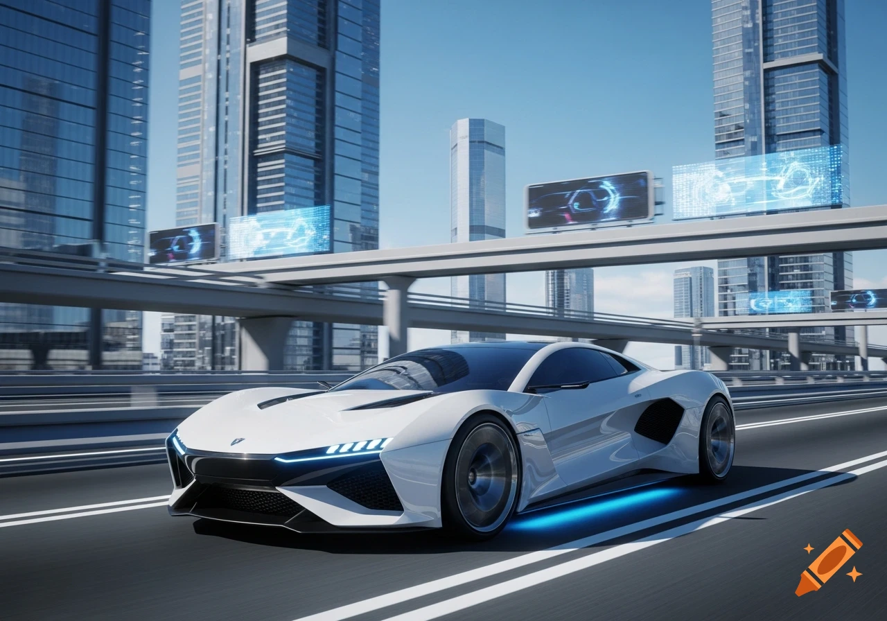 A white futuristic sports car with blue glowing accents drives on a highway through a modern cityscape with tall skyscrapers and digital billboards.