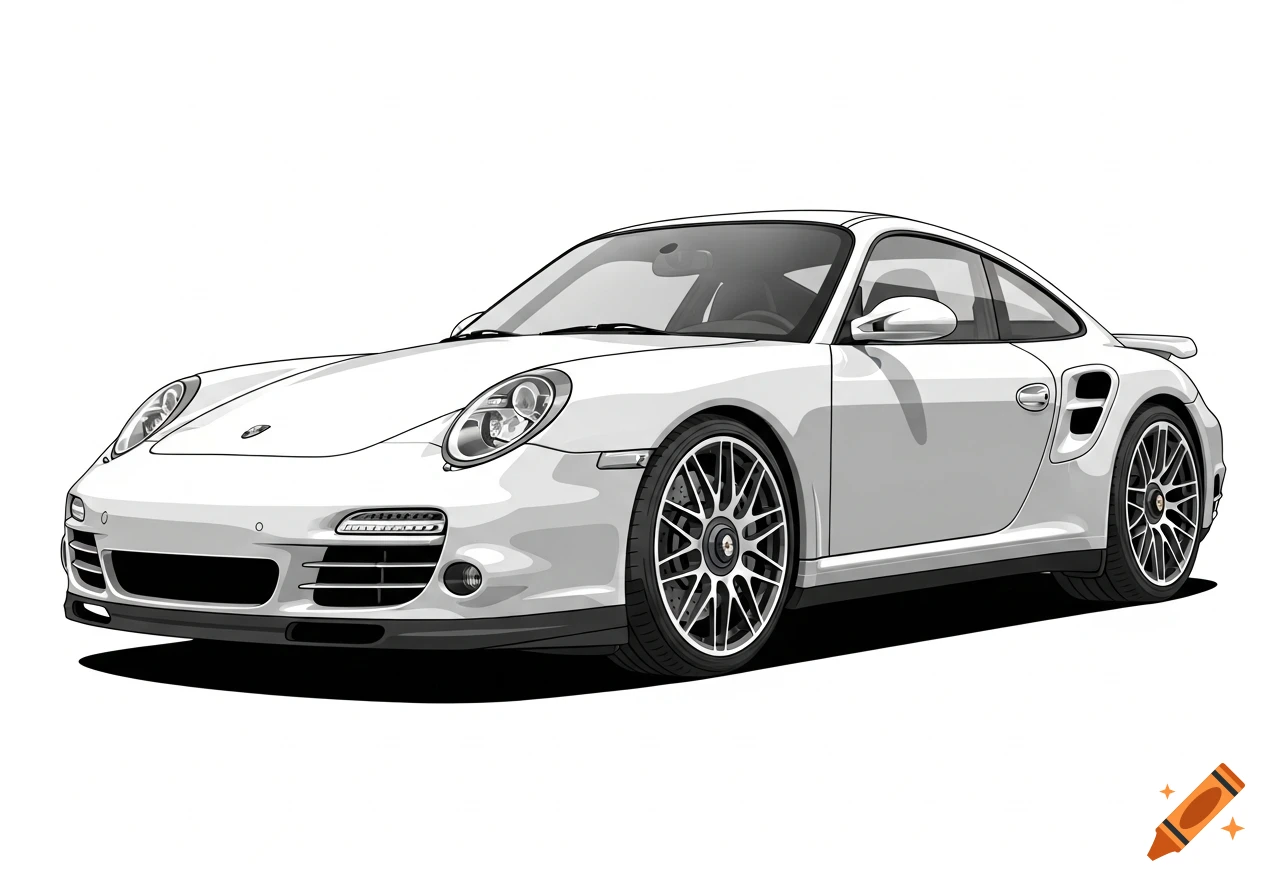 White Porsche 911 Turbo in a black and white vector art style, viewed from the front-side.