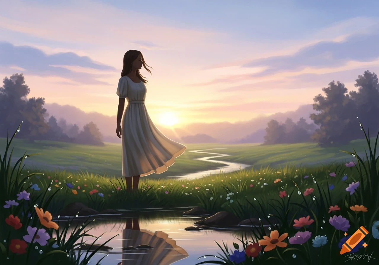 A digital painting of a woman in a white dress standing in a vibrant ...
