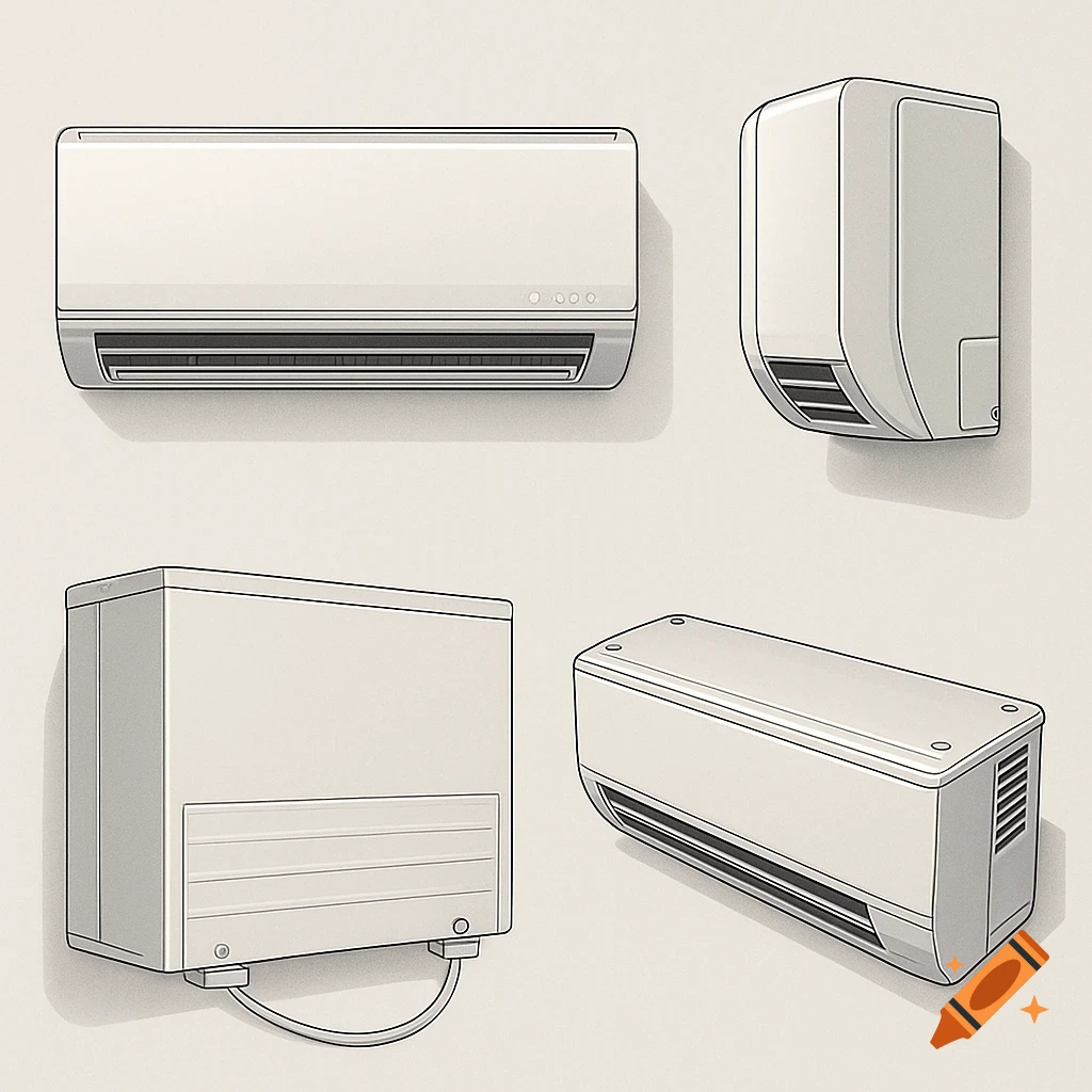 Four panel illustration of different views of an air conditioner unit in a technical drawing style.