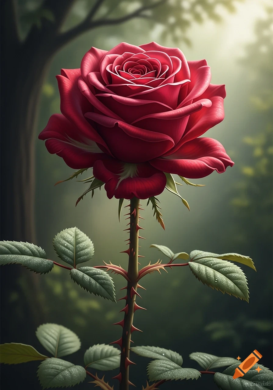 A vibrant red rose with a thorny stem and green leaves stands against a soft, blurred forest background.