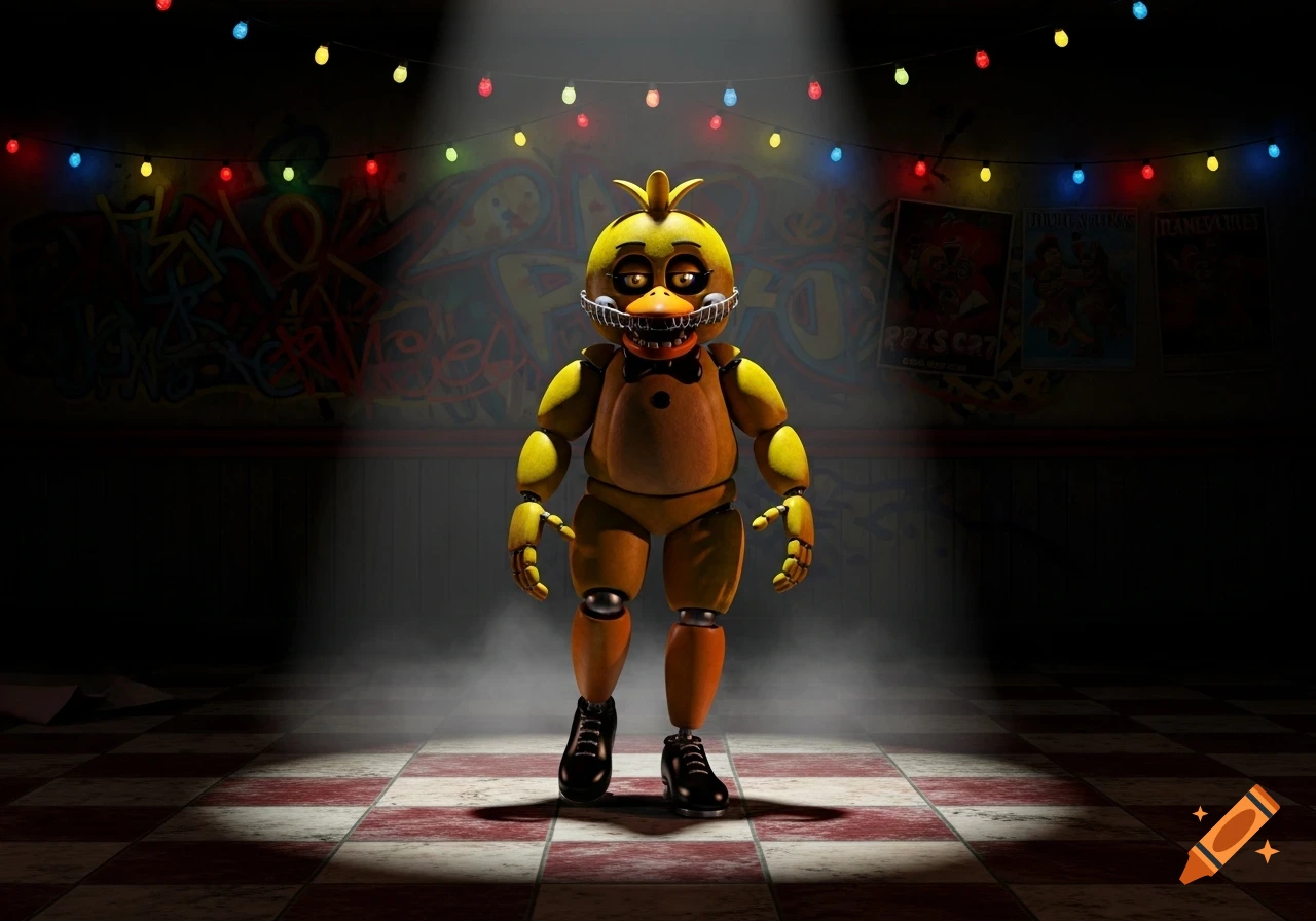 Yellow animatronic Chica from FNAF tap dances under a spotlight on a checkered floor with string lights and graffiti walls.