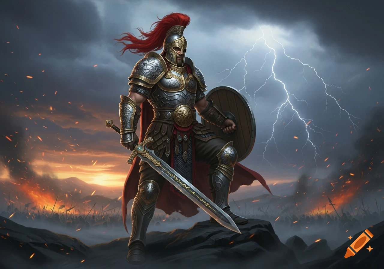 A heavily armored warrior with a red plume stands on a rock, holding a sword and shield amidst a fiery battle and stormy, lightning-filled sky.
