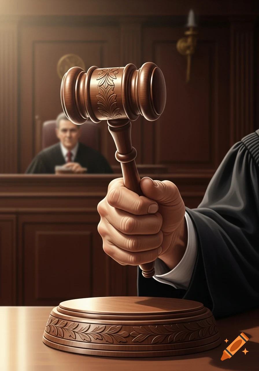 A judge's hand in a black robe holds a wooden gavel over a sounding block in a courtroom, with a blurred judge in the background.