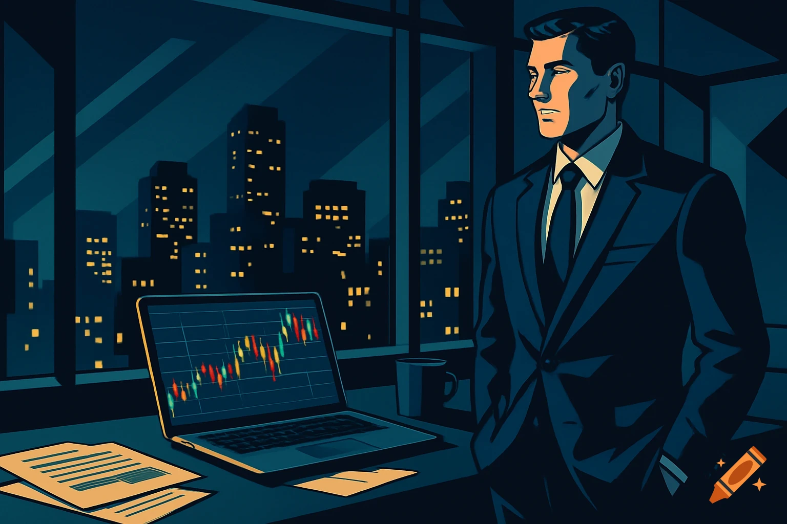 Man in a suit in a graphic novel style, looking at a city skyline at night, with a laptop showing stock charts on a desk.