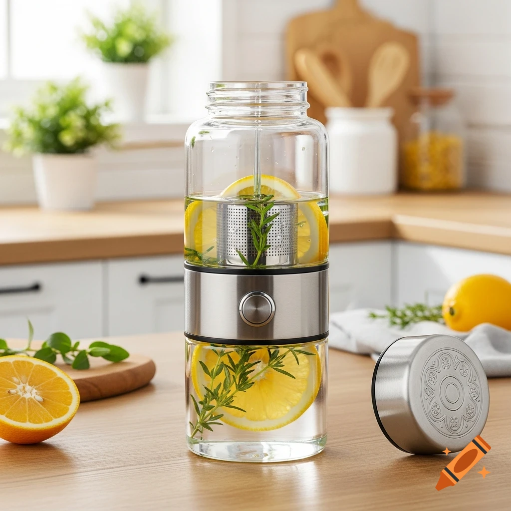 A glass infuser bottle filled with water, lemon slices, and herbs stands on a wooden kitchen counter. A metal cap with a decorative pattern rests beside it.
