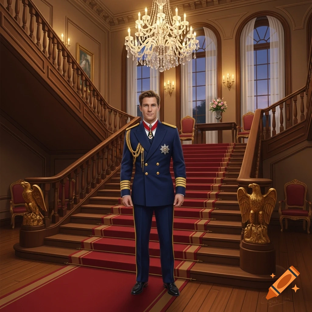 A man in a blue military uniform stands in a grand mansion hall with a sweeping staircase and chandelier.