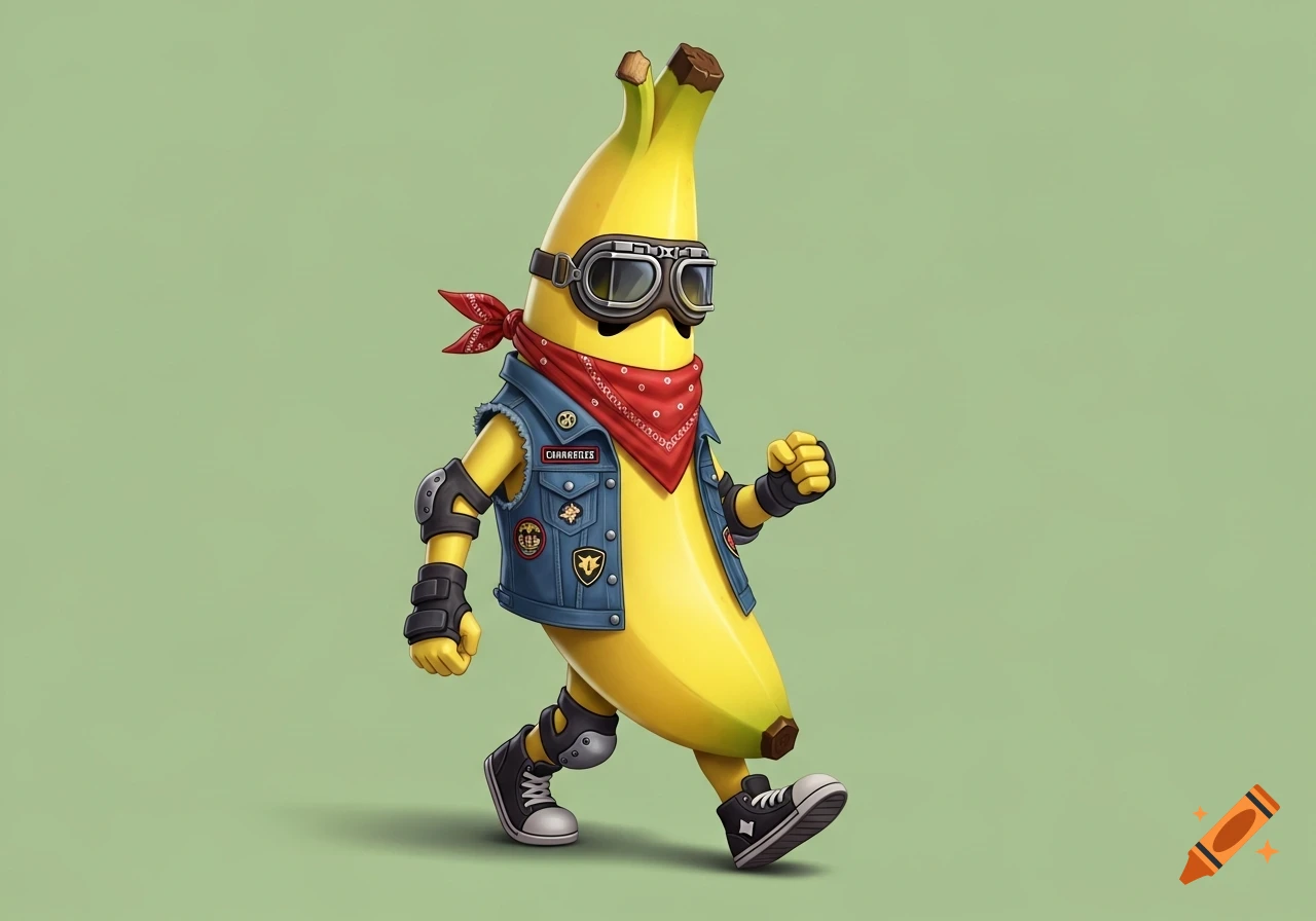 An anthropomorphic banana wearing retro goggles, a red bandana, a denim vest, and skate pads walks against a green background.