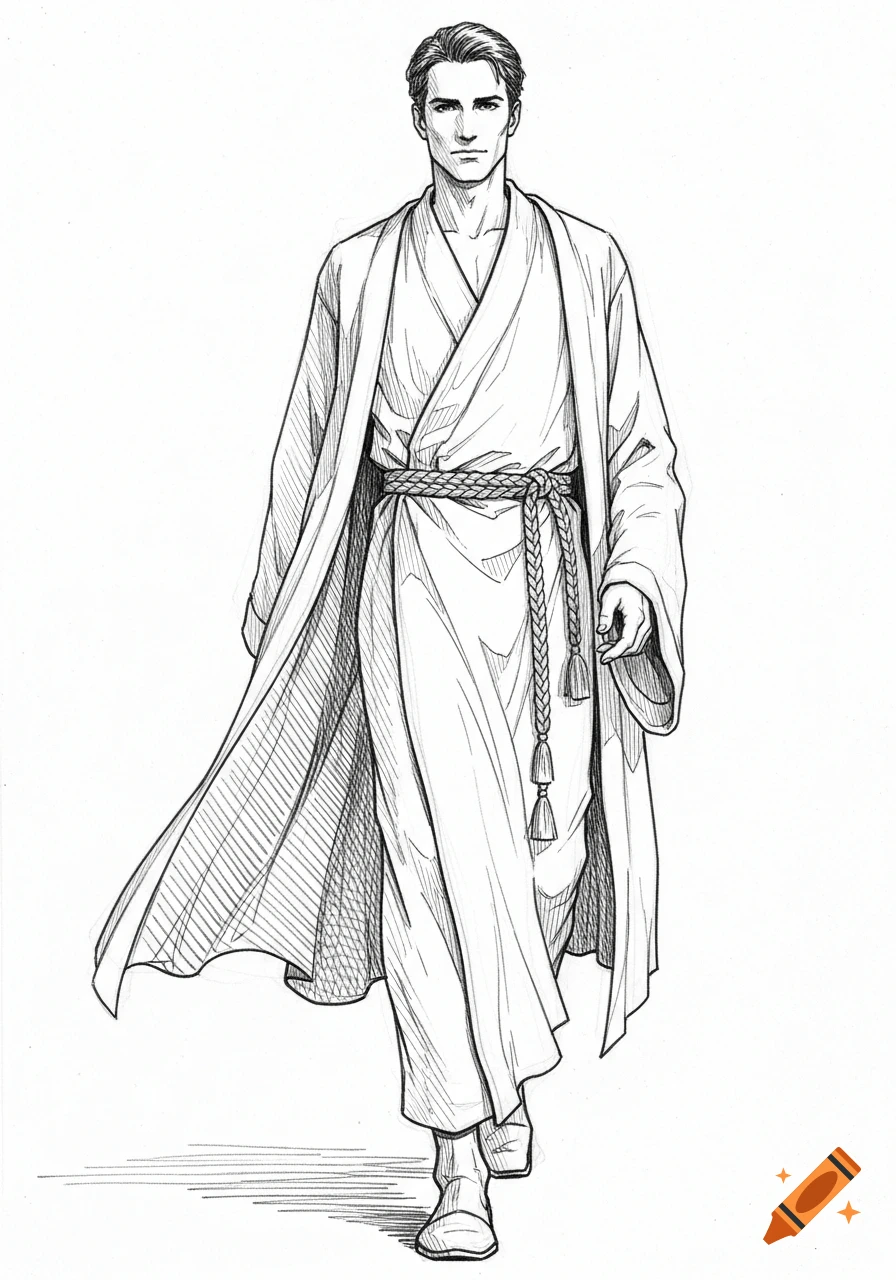A black and white sketch of a man in a flowing robe with a braided belt, walking forward.