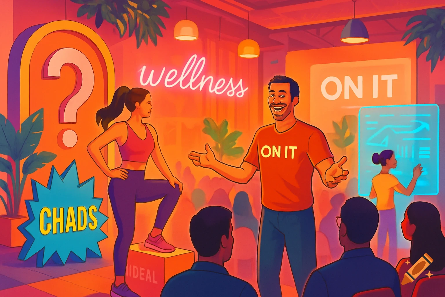 An illustration of a wellness event with a speaker, a woman posing on a box, and attendees. Neon sign reads "wellness" and a man's shirt says "ON IT". A sign says "CHADS" and a screen says "ON IT".