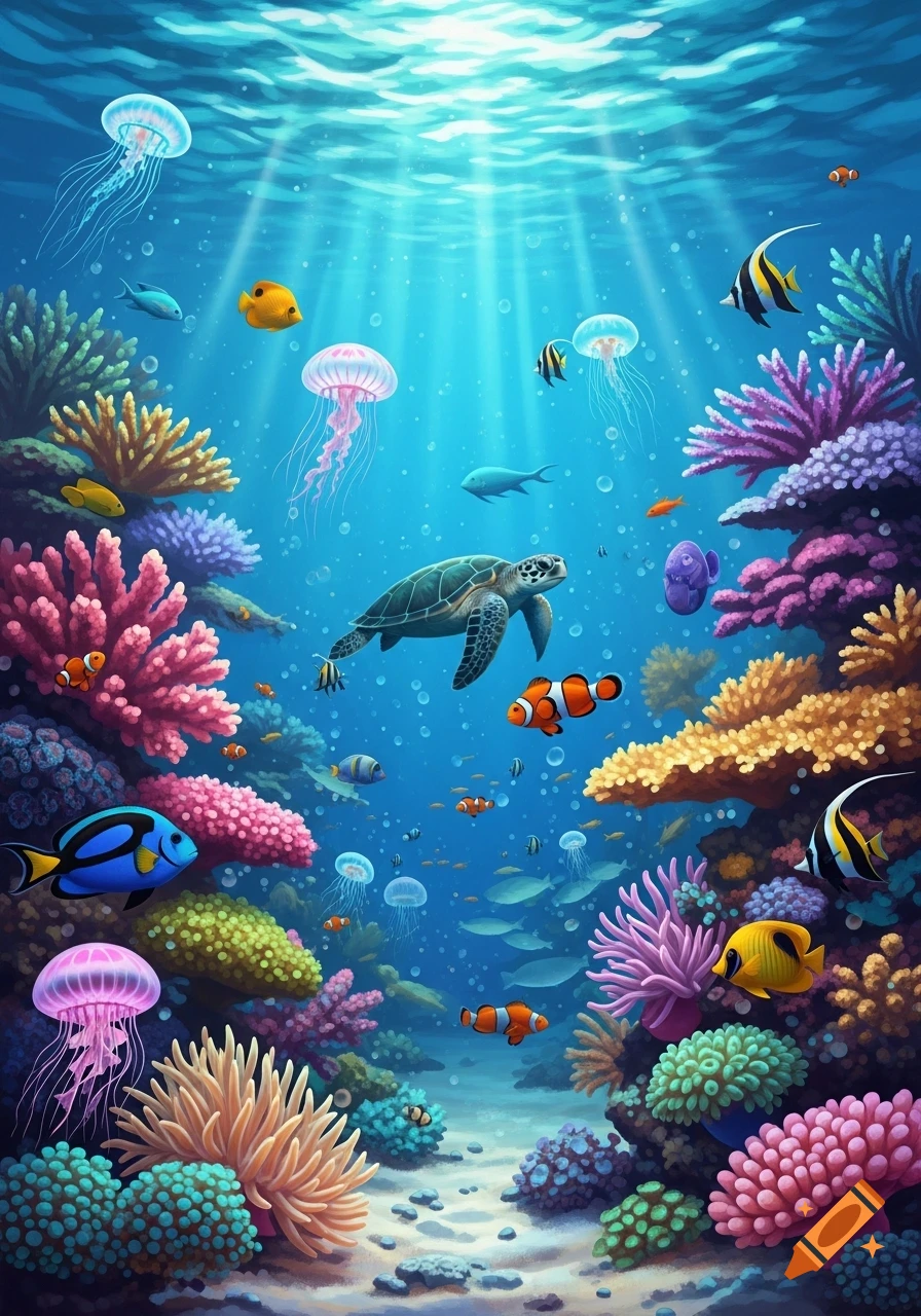 Vibrant underwater coral reef with a sea turtle, colorful fish, and jellyfish swimming amidst diverse coral, lit by sun rays.