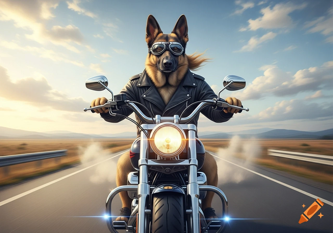 A photorealistic German Shepherd in a leather jacket and goggles rides a motorcycle on a highway.