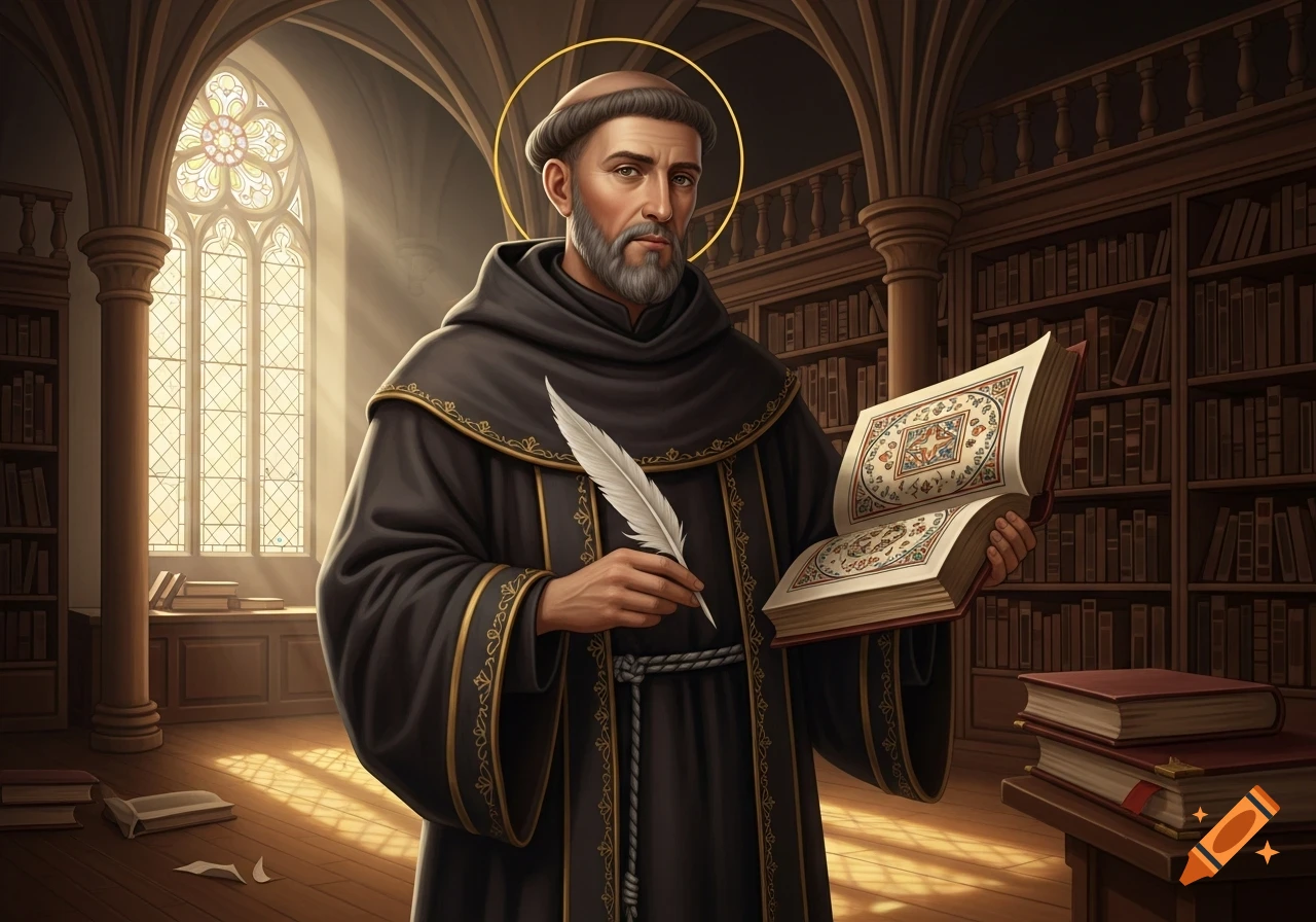 An illustration of a bearded monk with a halo, wearing a dark robe, holding a quill and an open illuminated manuscript in a grand library.