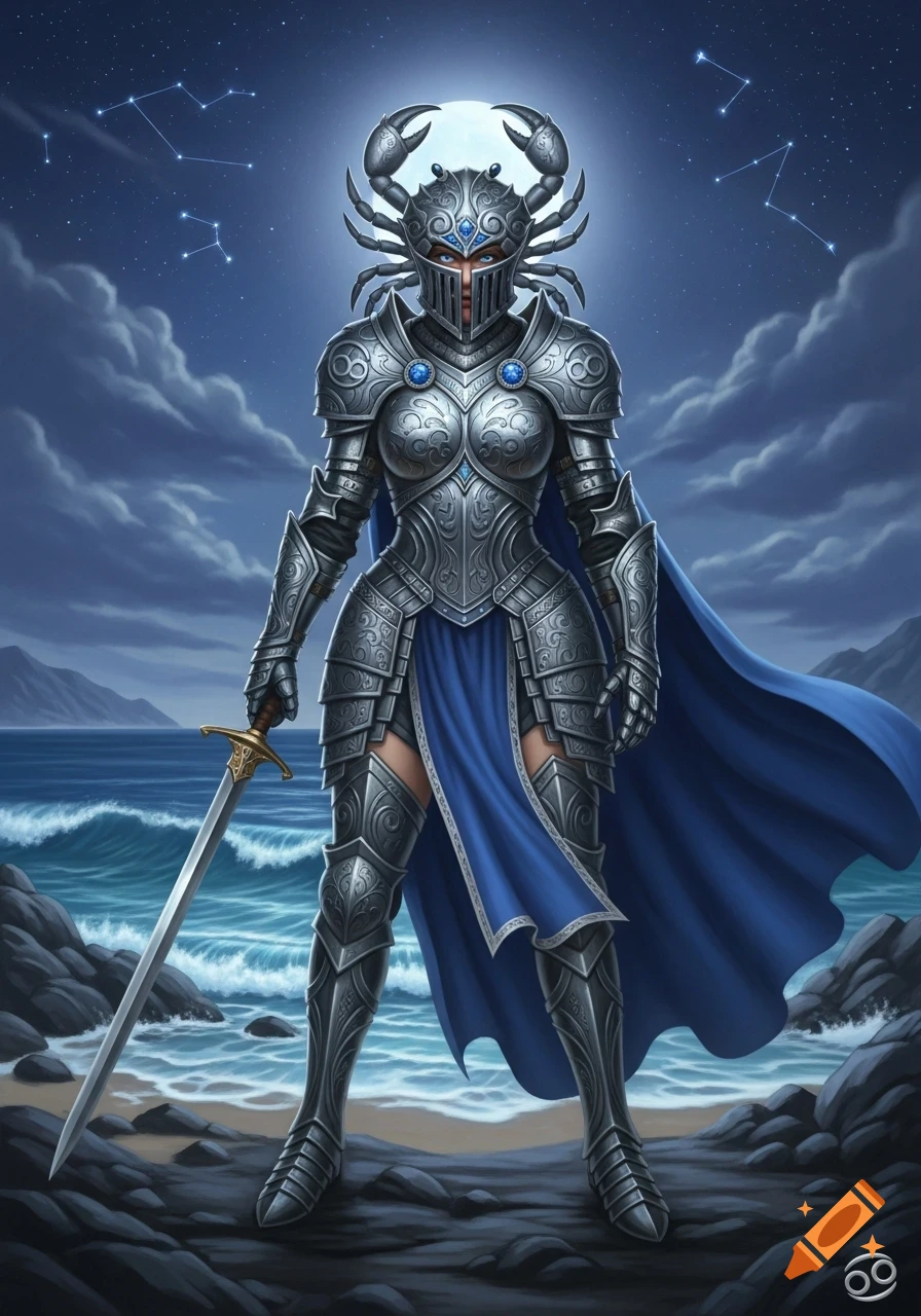 A female knight in elaborate silver armor with a crab-shaped helmet stands on a rocky beach at night, holding a sword. The moon and constellations are visible in the dark sky, with a small Cancer zodiac symbol in the corner.