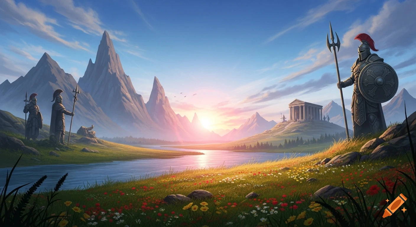 A vast fantasy landscape with majestic mountains, a river, and wildflower meadows, featuring ancient warrior statues and a temple on a hill at sunset, digital painting.