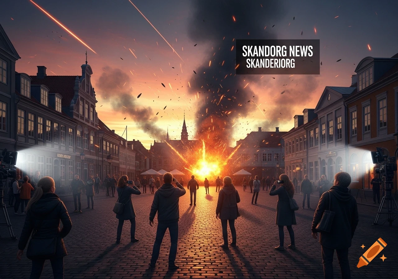 People watch and film a massive explosion erupting in a cobbled city square at sunset, with news text overlay.