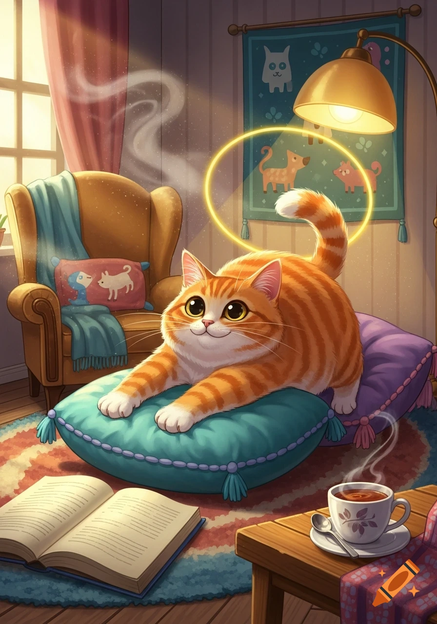 Cute orange tabby cat stretching on a blue pillow in a sunny, cozy room with a book and coffee, illustration style.