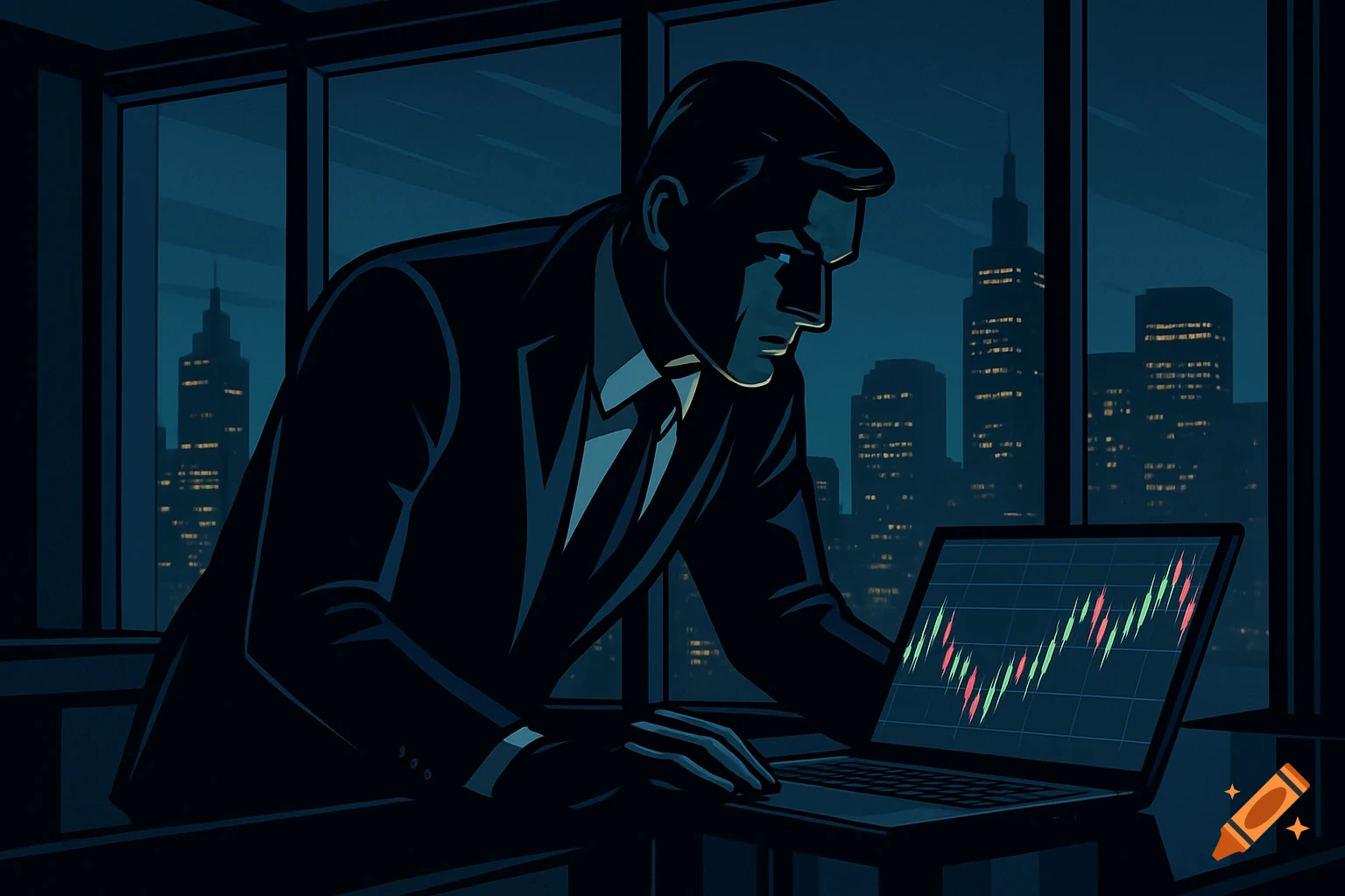 A man in a suit in a dark office at night reviews stock charts on a laptop, with a city skyline visible through the window, in a vector art style.