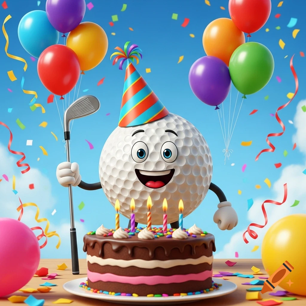 Happy cartoon golf ball character in a party hat holding a golf club, with a chocolate birthday cake, balloons, and confetti.