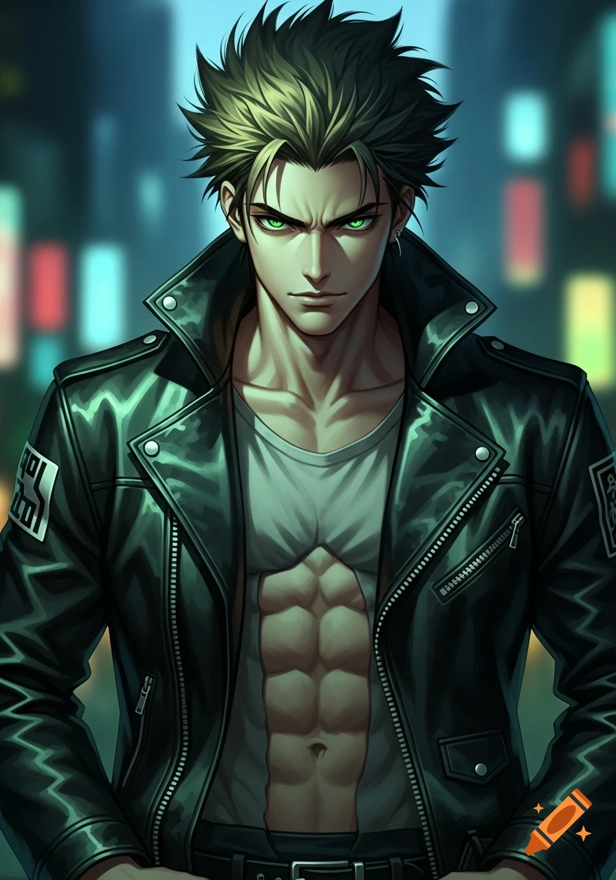 Anime-style portrait of a man with spiky green hair and glowing green eyes, wearing an open black leather jacket revealing his muscular abs.