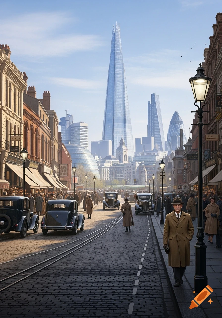 A busy 1930s London street scene with vintage cars and pedestrians, juxtaposed against a modern London skyline including The Shard.