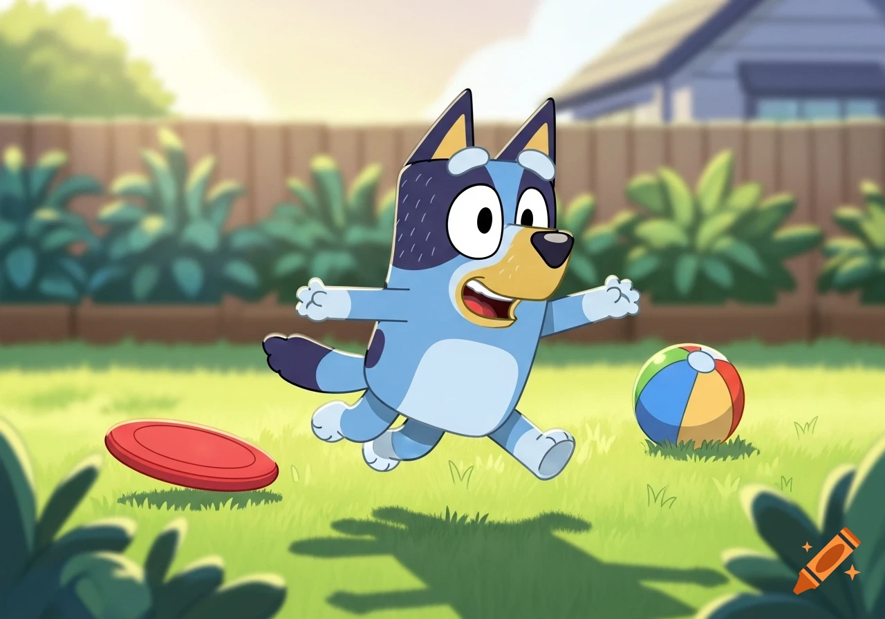 Bluey the cartoon dog leaps in a sunny backyard with a frisbee and beach ball.