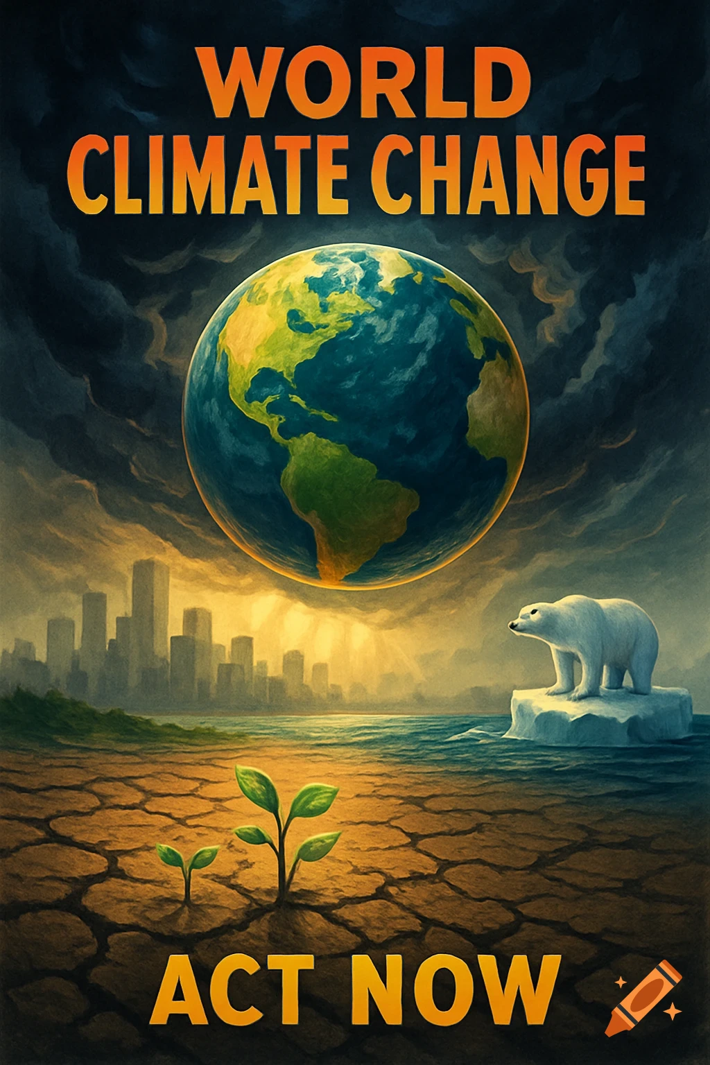 A climate change poster with Earth, a polar bear on ice, cracked land with sprouts, a city skyline, and text "WORLD CLIMATE CHANGE ACT NOW".